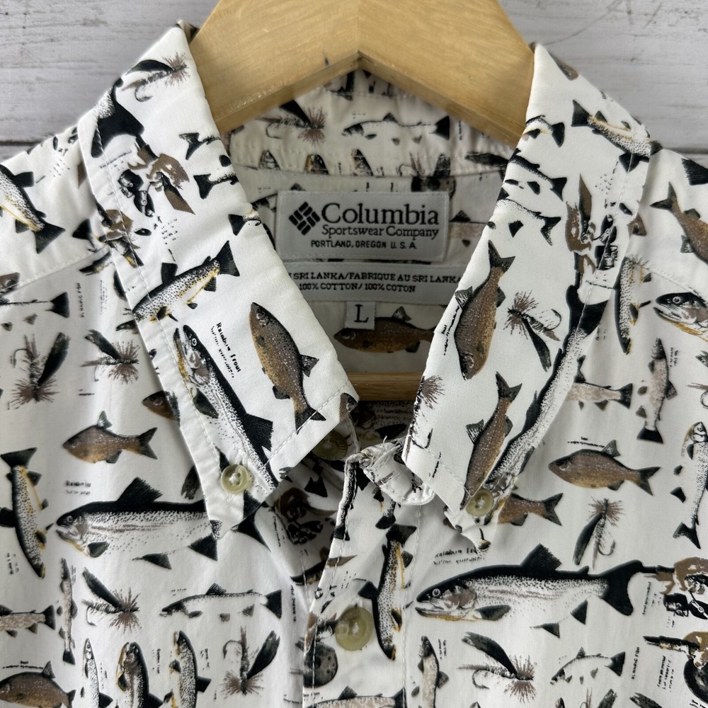 Columbia Mens‎ Large Short Sleeve Fishing Shirt Tan Fish Button Up - Picture 2 of 8